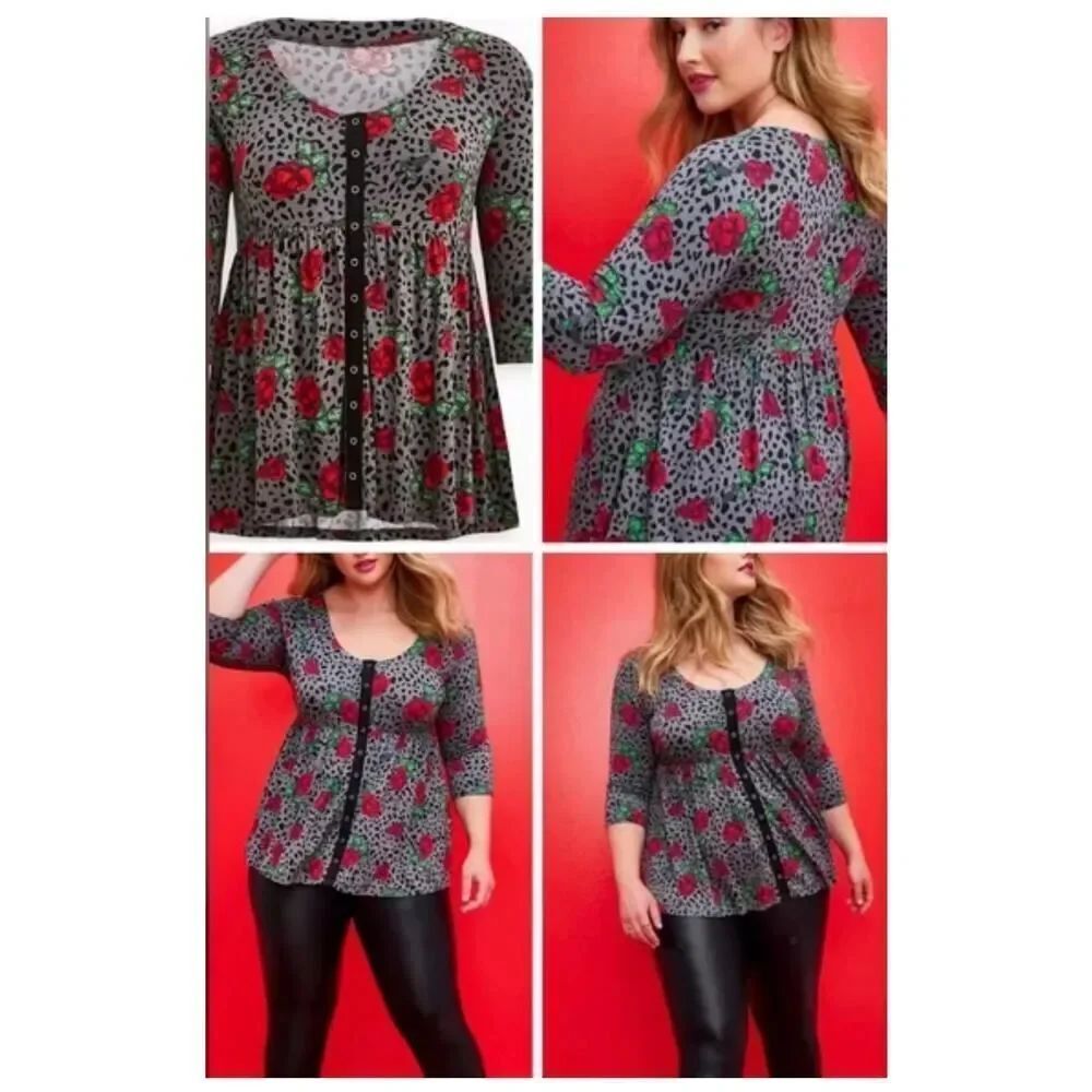 Torrid x Betsey Johnson button up scoop neck long sleeve top shirt blouse jersey